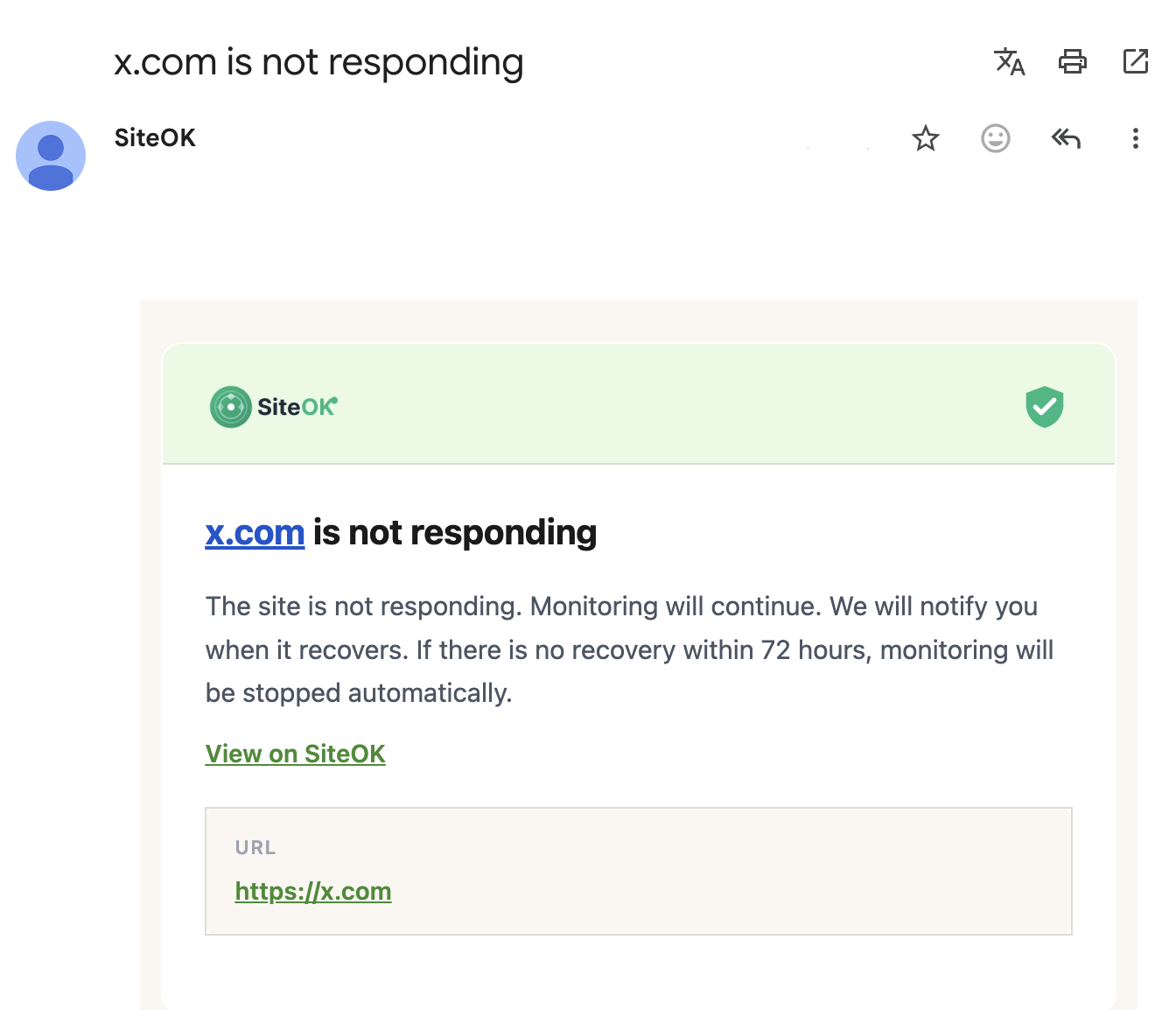 SiteOK email alert when a monitored site stops responding
